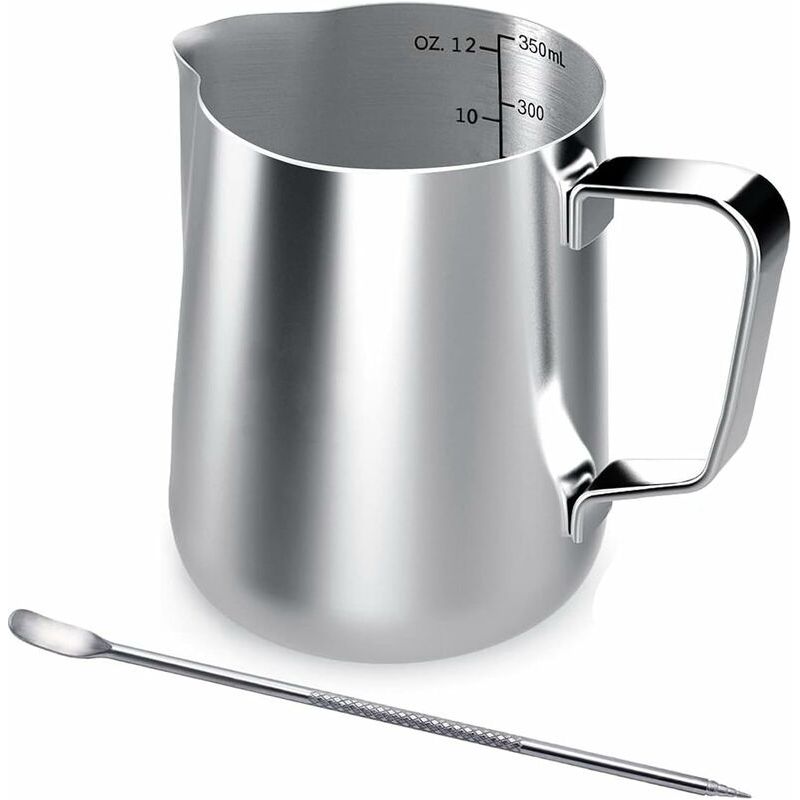 Milchkännchen Aus Edelstahl, 350-ml-milchkännchen Für Freihändiges Kaffeetrinken, Milchkanne, Kannenbecher Mit Messmarkierung Und Latte-art-stift, Milchkannen Für Die Zubereitung Von Cappuccino Und Es