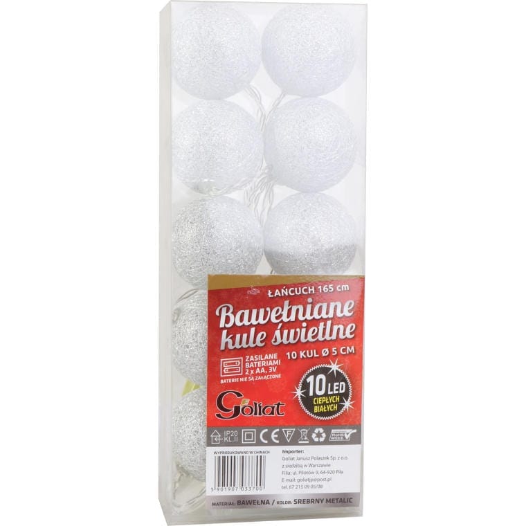 Silberne Wattebausch-lichterkette Mit 10 Leds, 5 Cm Durchmesser, Betrieb Mit 2 Aa-batterien, Kabellänge 165 Cm