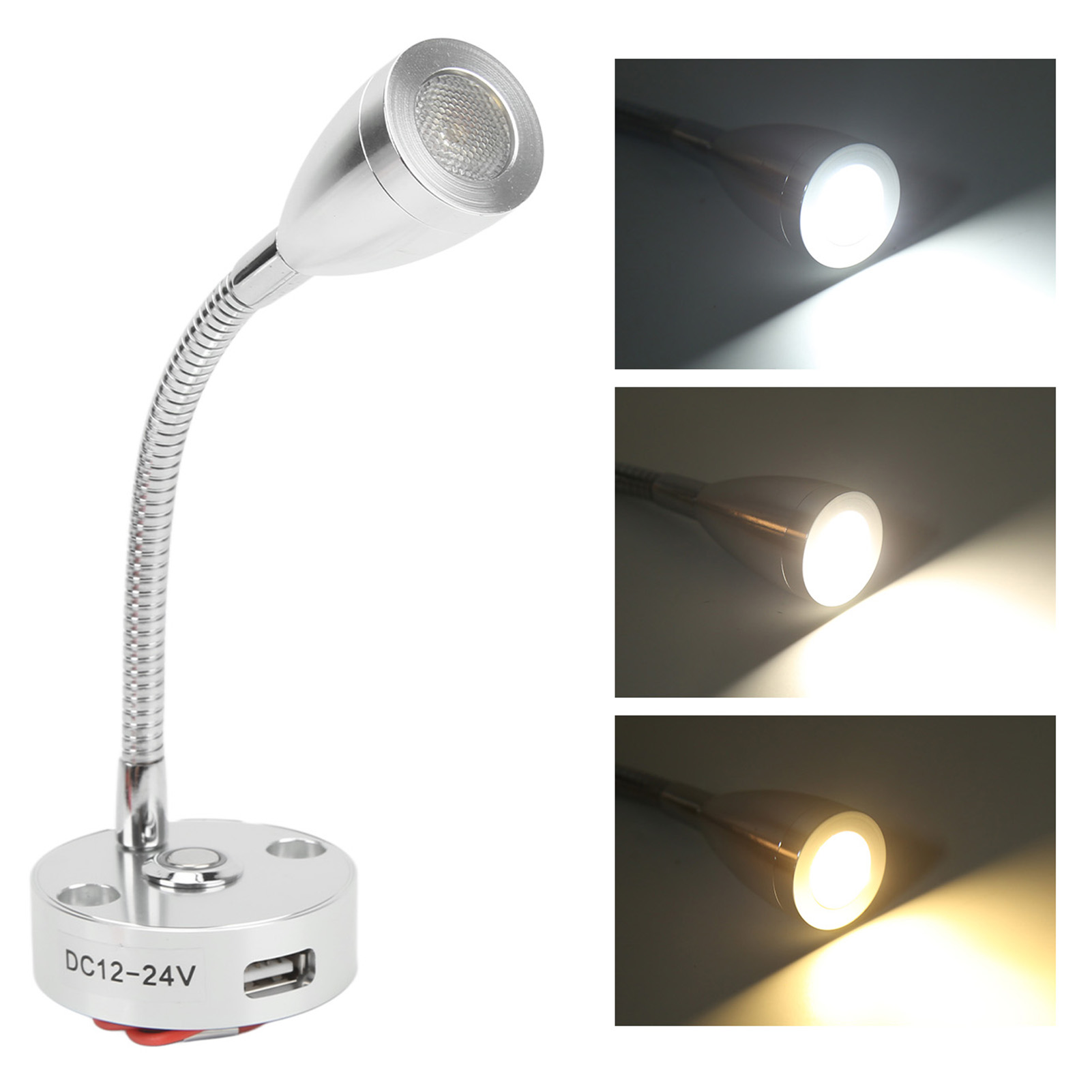 Leselampe Für Wohnmobile, Flexibler Hals, 3-farbige Beleuchtung, 12–24 V, 3 W, Usb-aufladbar, Universell Für Yachten Und Boote, Silber