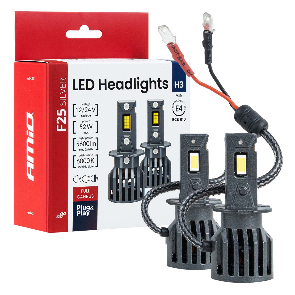 Led-autolampen F25 Silber, Full Can-bus, 52w H3, 12v/24v, Amio-04702