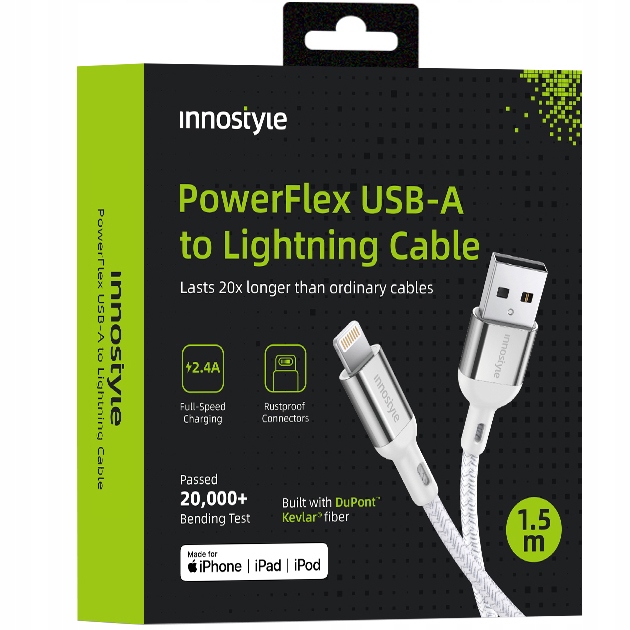 Innostyle Powerflex Usb-lightning-kabel Mfi-schnellladefunktion Für Iphone, Kevlar, 2 M, Silber