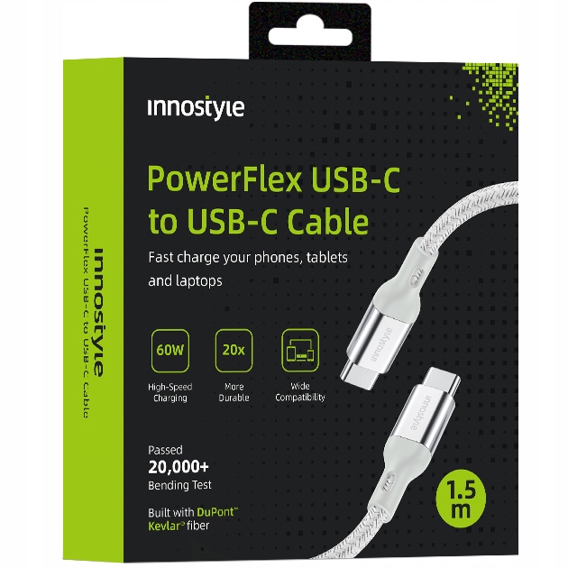 Innostyle Powerflex Usb-c-schnellladekabel Für Iphone Und Samsung, 3a 60w, Kevlar, 2 M, Silber