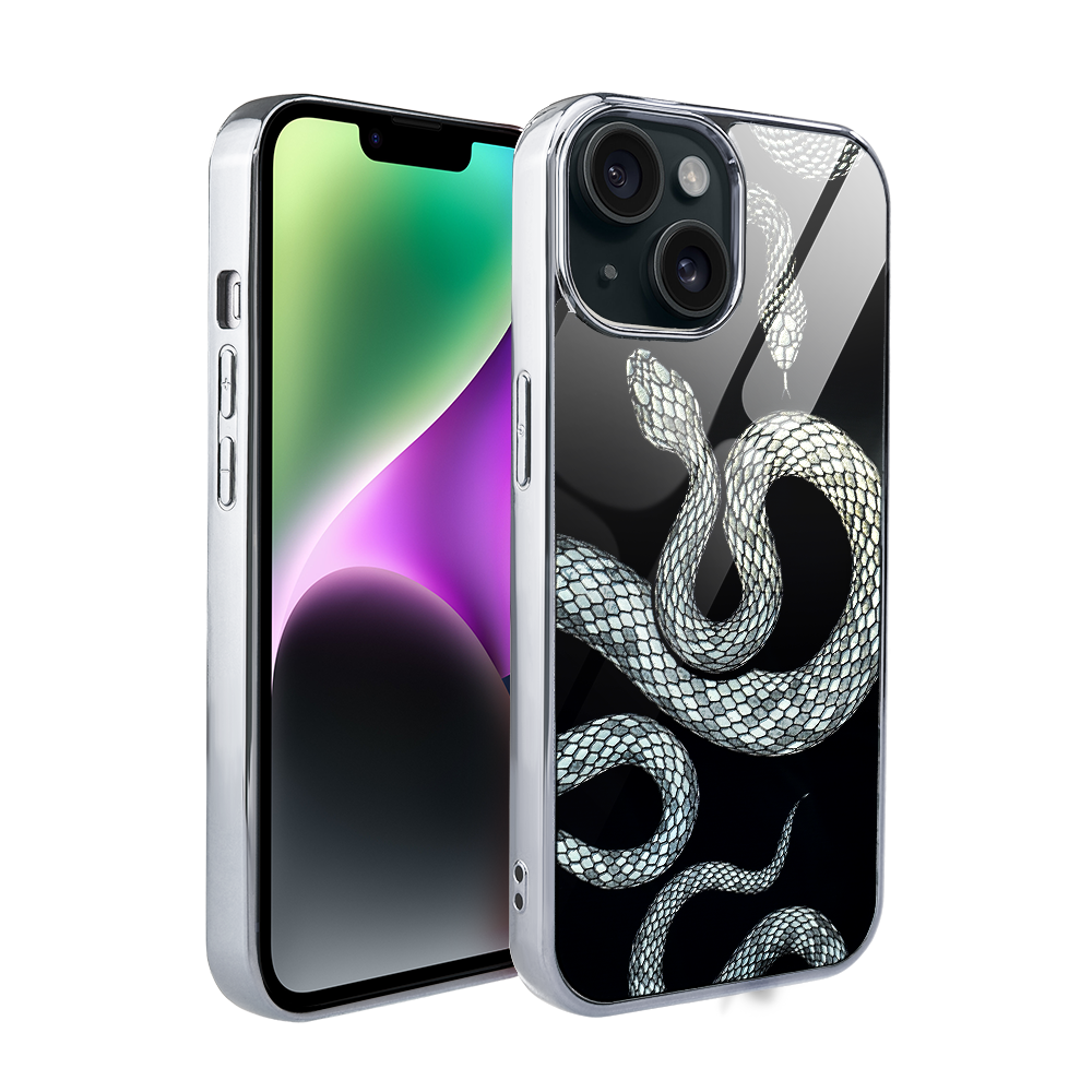 Iphone 14 Ibizu Elite Glashülle, Glasrückseite, Schlangenmuster In Silber