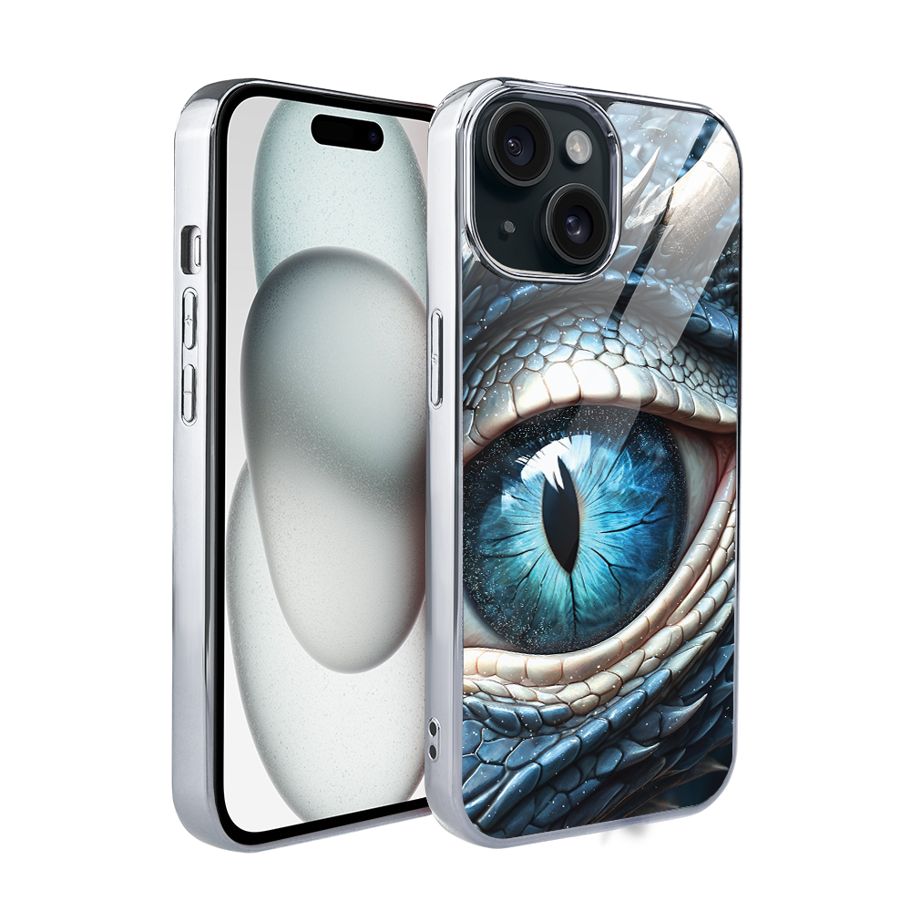 Iphone 15 Hülle, Elite Glass, Glasrückseite, Eisdrachenauge, Silber