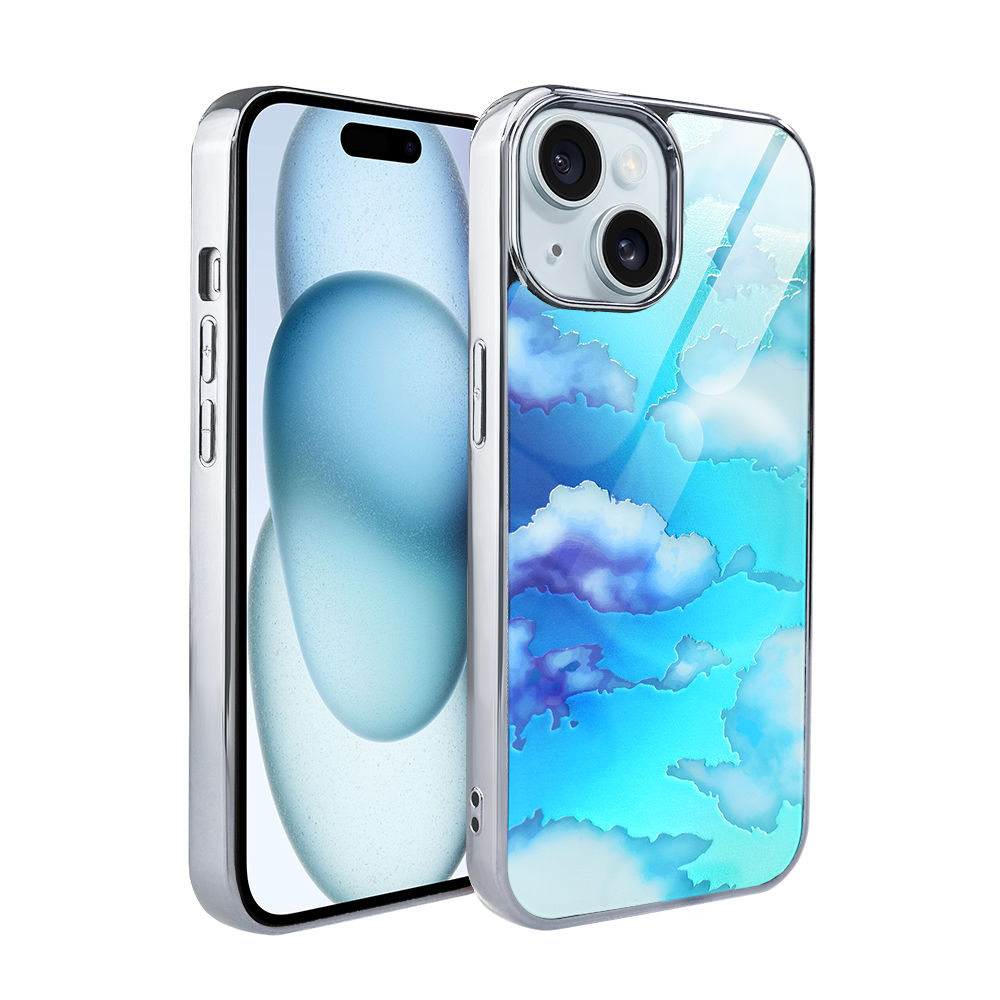 Iphone 15 Ibizu Elite Glashülle, Glasrückseite, Wolkenmuster, Silber