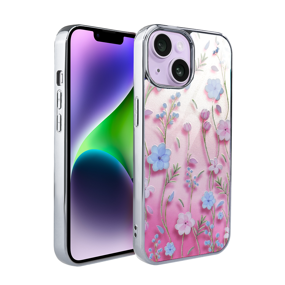 Iphone 14 Ibizu Elite Glass 3d Hülle, Glasrückseite, Sommerblumen Im Sonnenuntergang, Silber