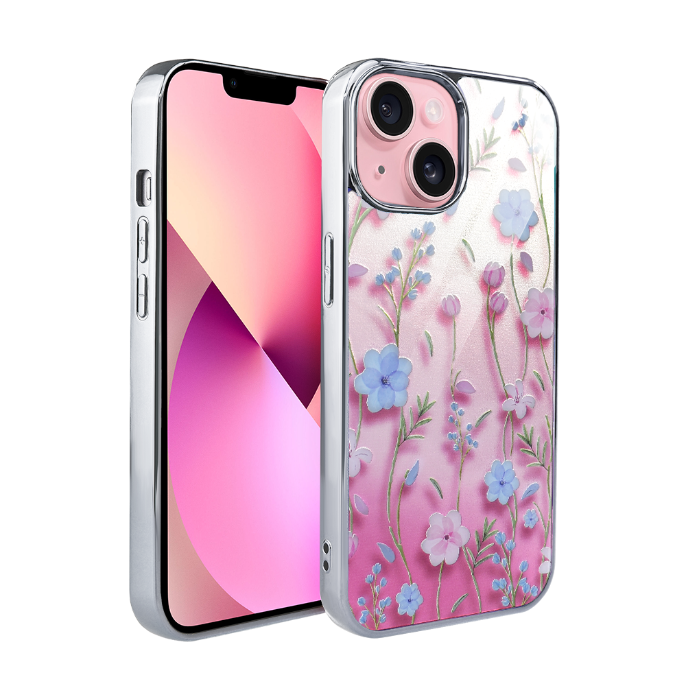 Iphone 13 Ibizu Elite Glass 3d Hülle, Glasrückseite, Sommerblumen Im Sonnenuntergang, Silber