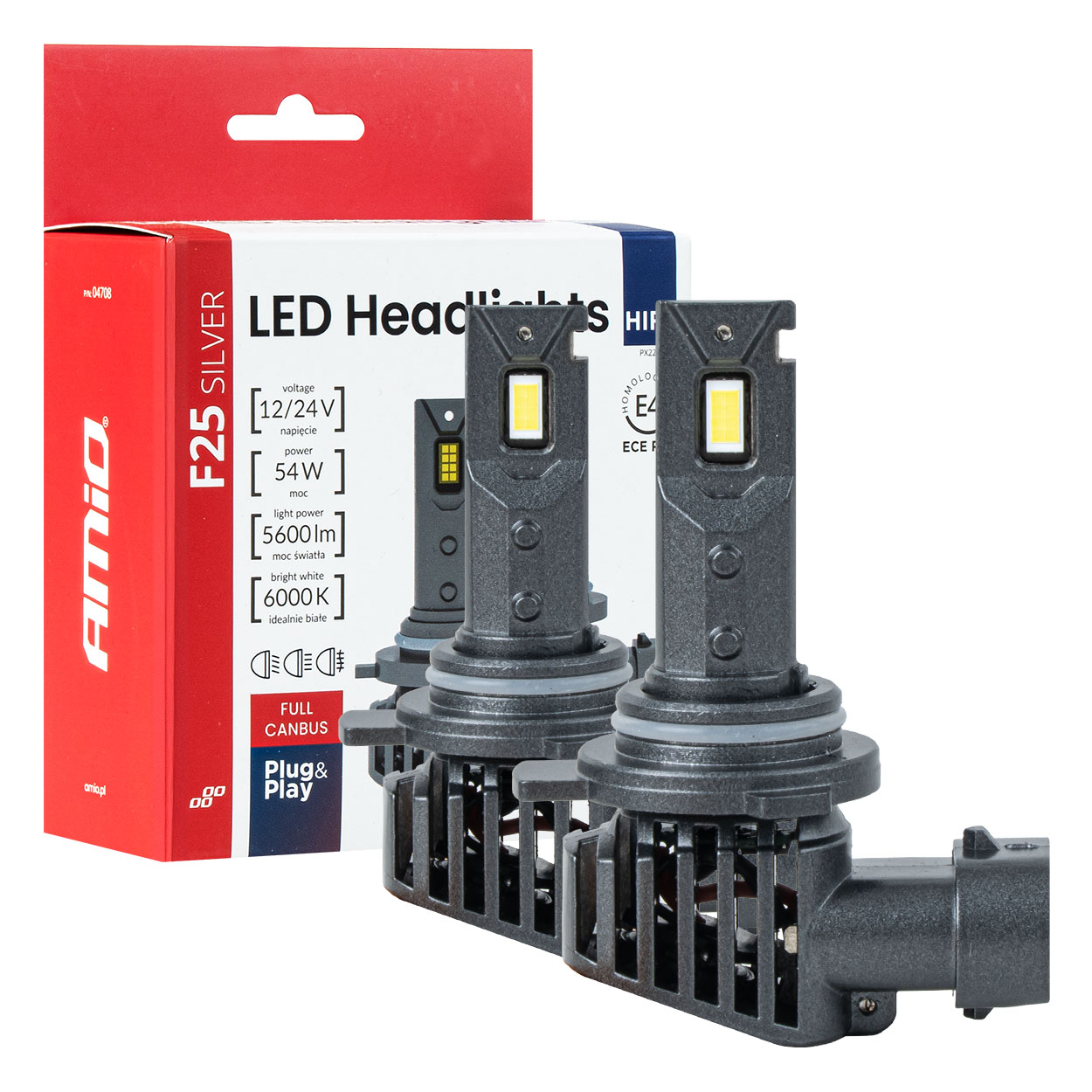 Led-autolampen F25 Silber, Full-canbus, 54w Hir2 9012, 12v/24v, Amio-04708