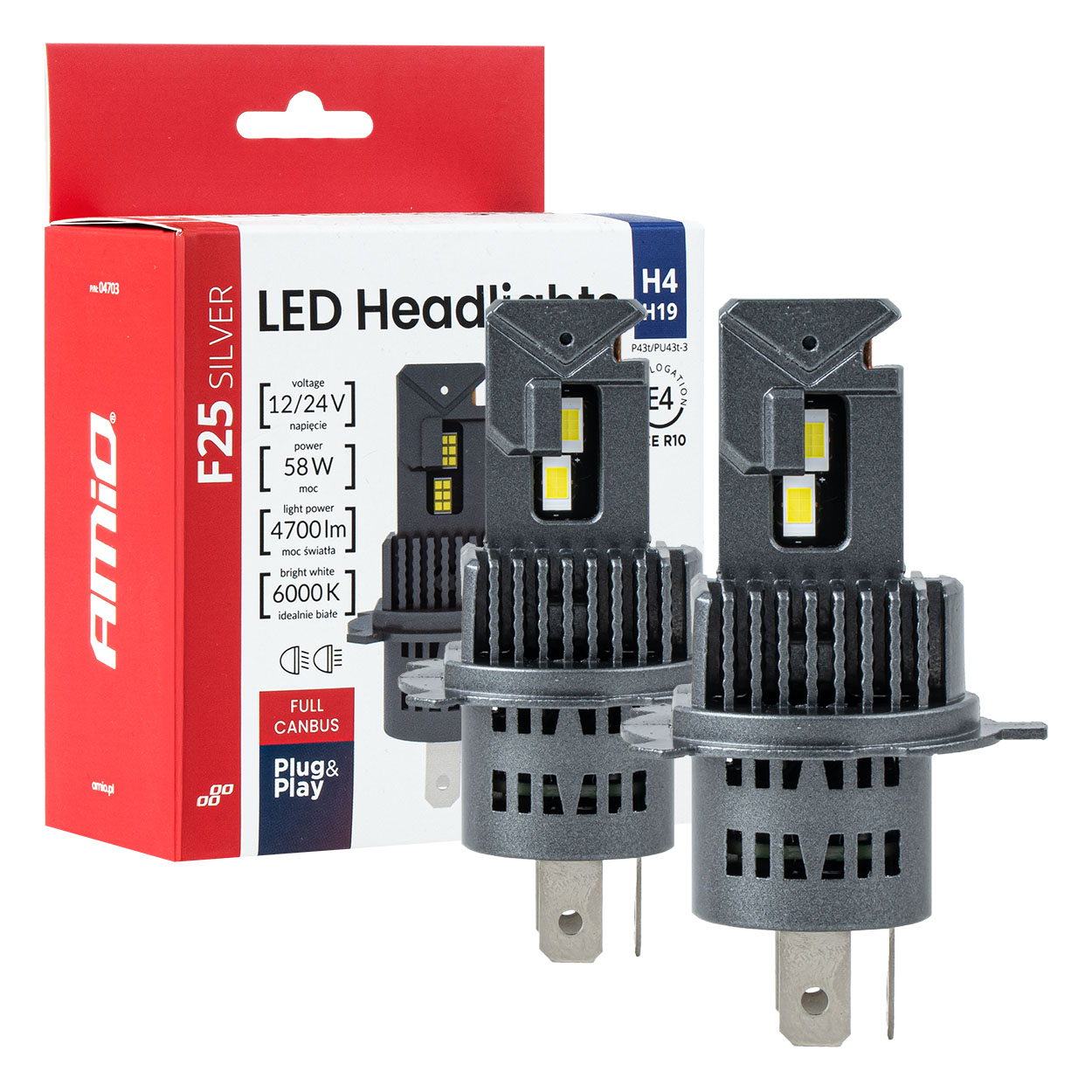 Led-autolampen F25 Silber, Full-canbus, 58w, H4/h19, 12v/24v, Amio-04703