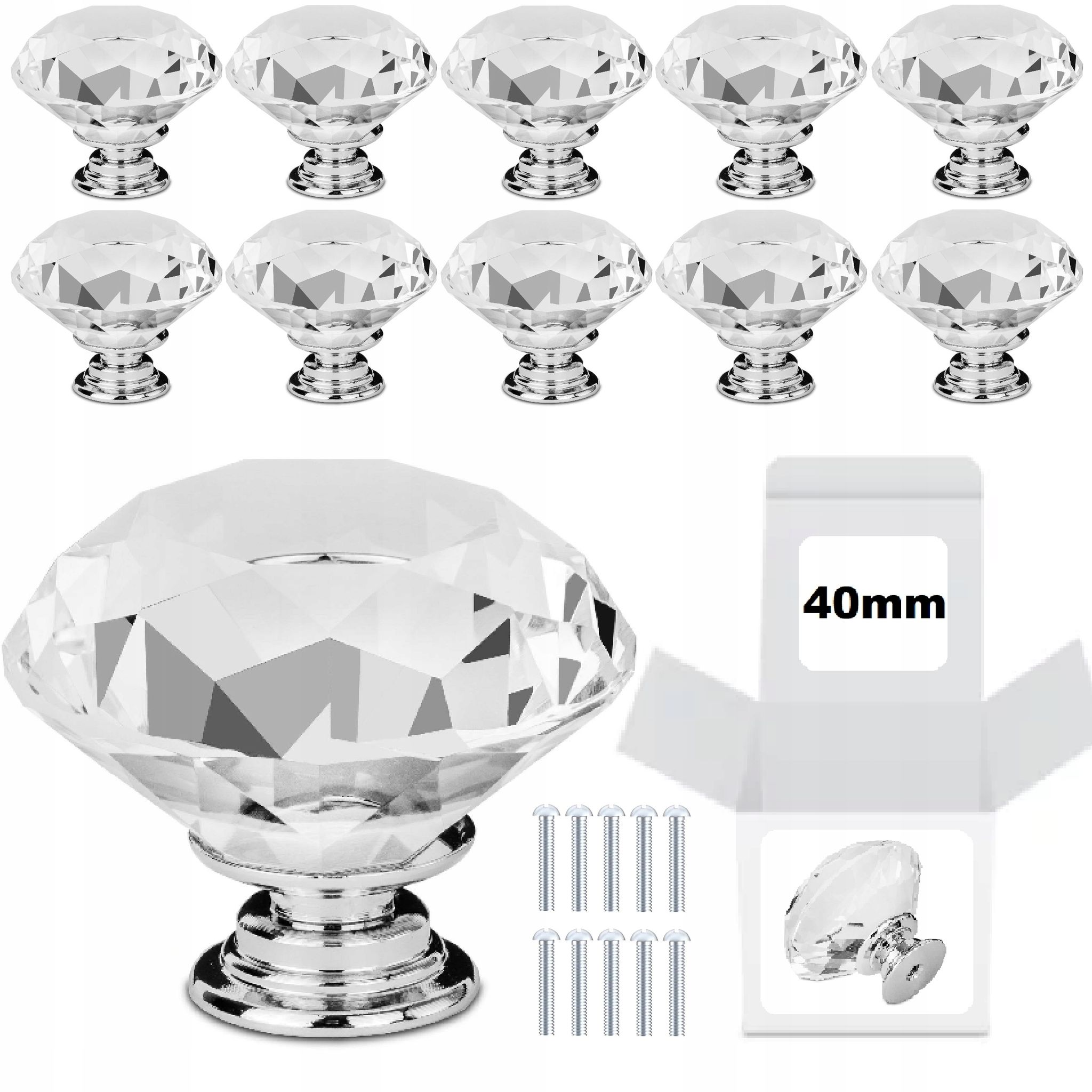 Möbelgriffknöpfe 40 Mm, 10 Stück, Kristallsilber, Glamour
