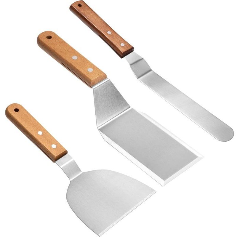 3er-set Professionelle Plancha-spatel Mit Holzgriffen – 26 Cm Langer Steakspatel Aus Edelstahl Mit Schaber Und Gebogener Spatel, Silber