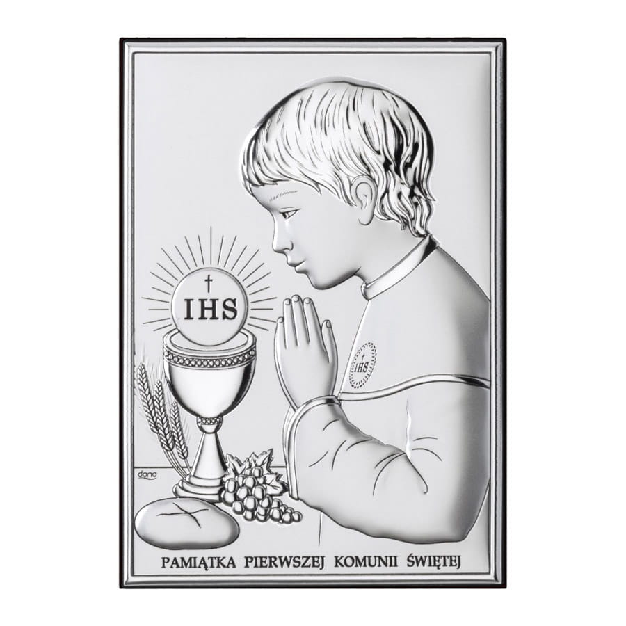 Silberbild Mit Einem Jungen Als Erinnerung An Die Erstkommunion + Gravur Ds04o 10 X 14,5 Cm