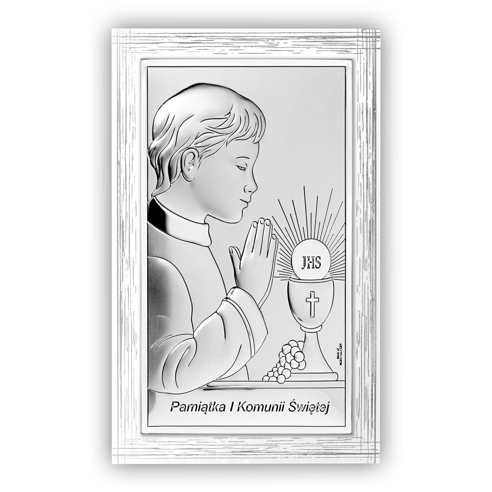 Silbernes Bild Im Rahmen, Junge, Erinnerung An Die Erstkommunion + Kupferstich 762 9 X 13 Cm