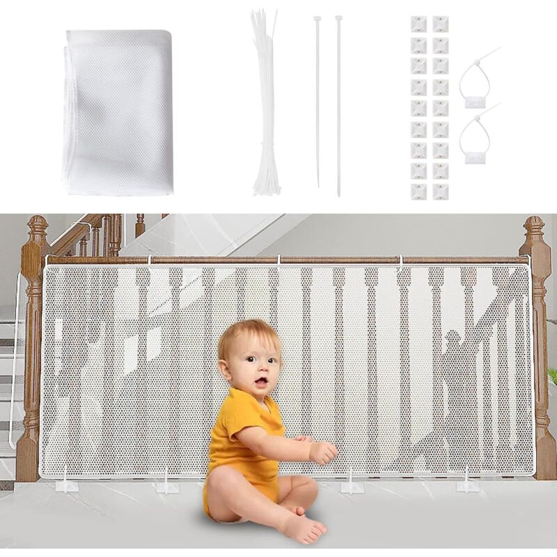 Weißes Kindersicherheitsnetz, Babysicherheitsnetz Für Balkon Und Treppe, 300 X 90 Cm, Robustes, Verstellbares Maschengewebe, Treppenschutzgitter Für Katzen Und Spielzeug