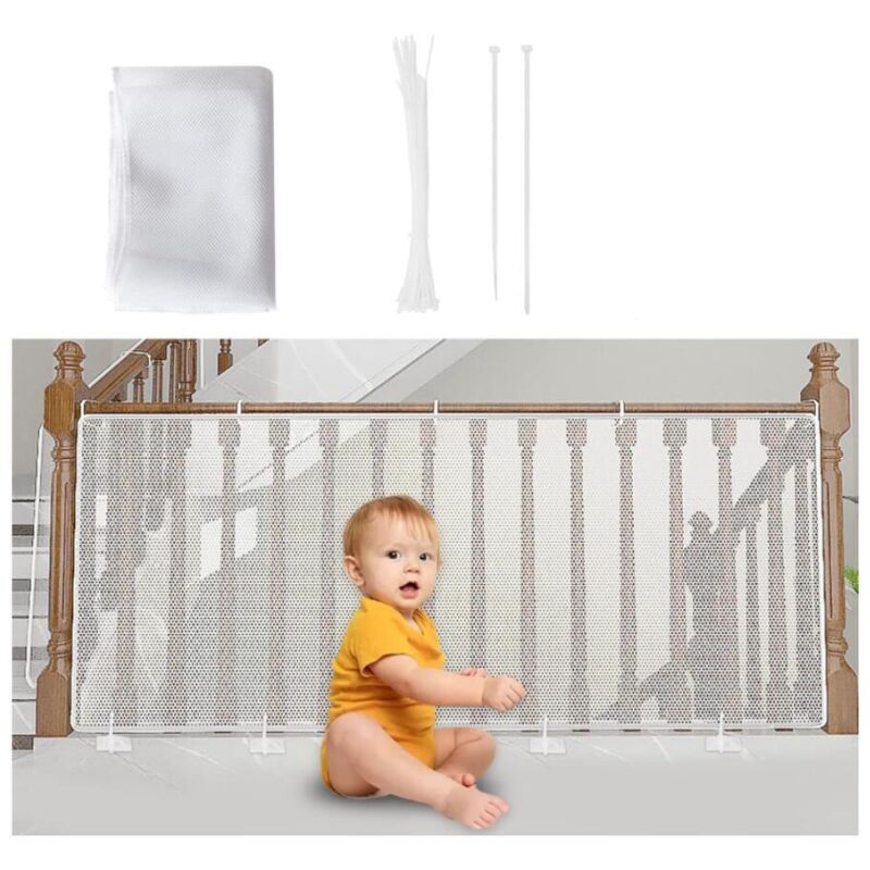 Weißes Kindersicherheitsnetz, Babysicherheitsnetz Für Balkon Und Treppe, 450 X 90 Cm, Robustes, Verstellbares Maschengewebe, Treppenschutzgitter Für Katzen Und Spielzeug