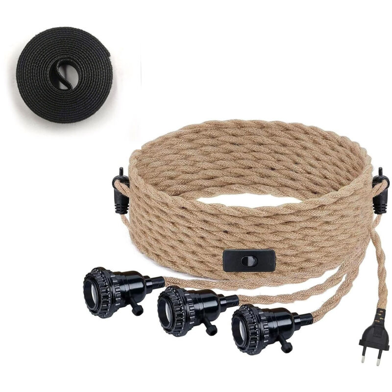 Vintage-kronleuchter-set Aus Hanfseil, Pendelleuchte Mit Schalter Und Eu-stecker, Diy-hängelampe Mit 3 Leuchten, Textilkabel, Seil, E27, Deko-beleuchtung Für Schlafzimmer, Wohnzimmer, Küche, Esszimmer