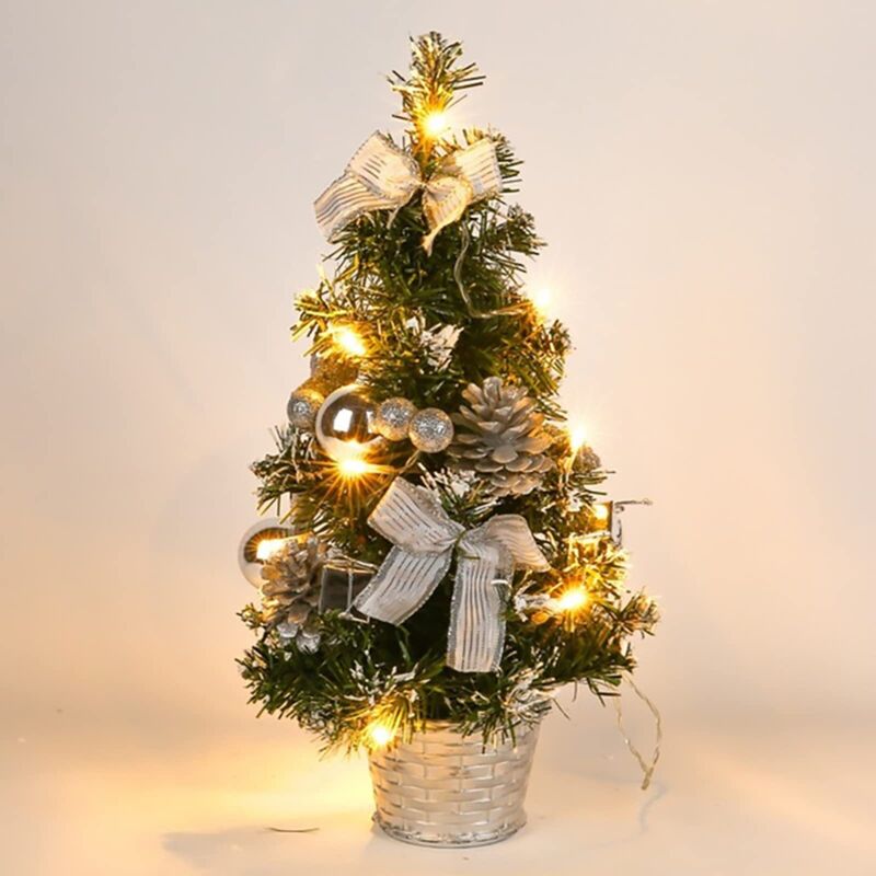 40 Cm Künstlicher Weihnachtsbaum Mit Weißem Schnee, Kleiner Tisch-weihnachtsbaum Mit Led-lichterkette, Schleife Und Tannenzapfen Für Die Weihnachtstischdekoration (silber)