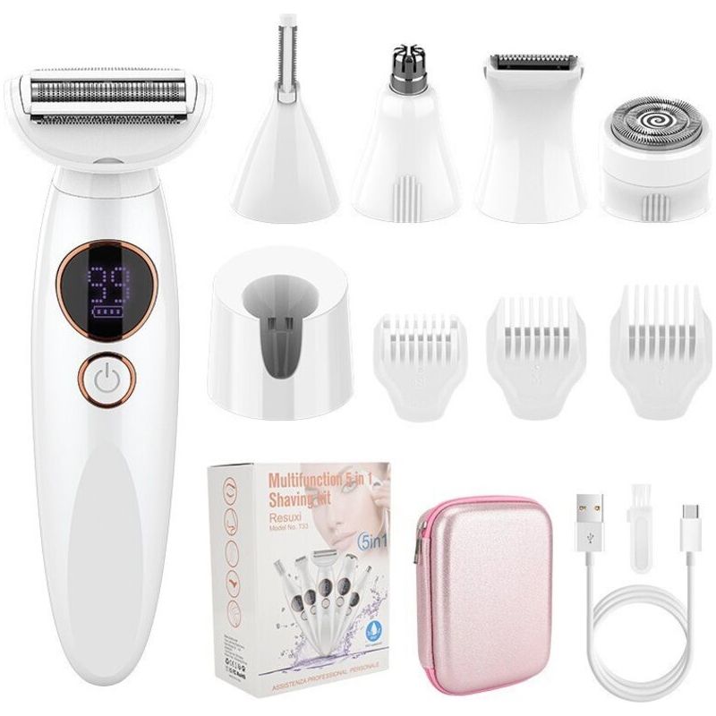 5-in-1 Elektrorasierer Für Frauen, Intimtrimmer, Bikini-rasierer, Ipx7 Wasserdicht Mit Usb-ladestation Für Gesicht, Körper, Augenbrauen Und Bikinizone.