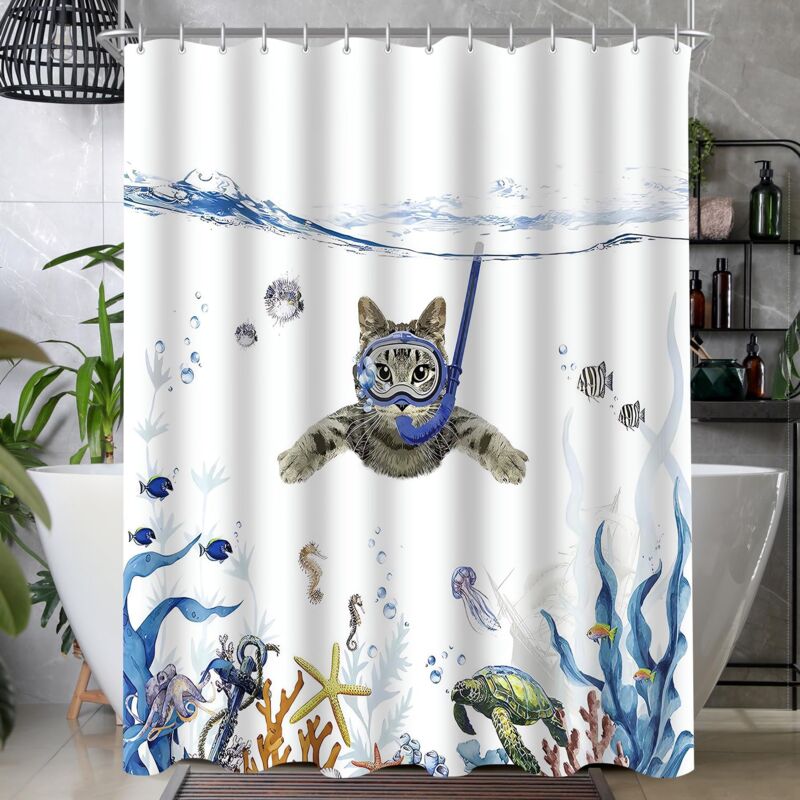 Schimmelhemmendes Muster Mit Schwimmender Katze, Beschwerter Saum, Wasserdicht, Waschbar, Polyestergewebe, Mit 6 Ösen Und Duschvorhangringen