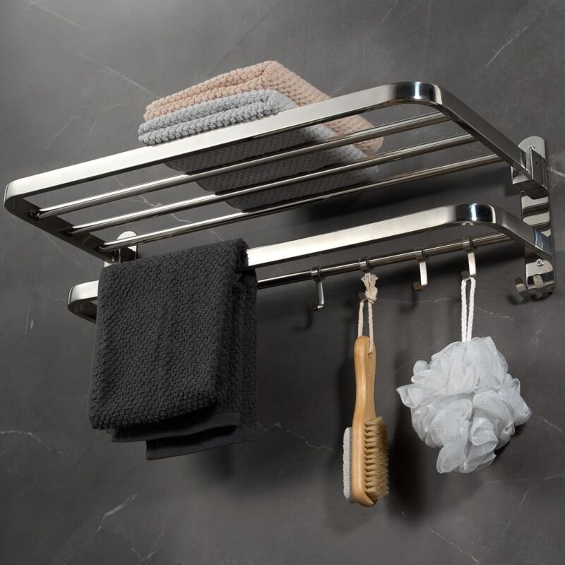 Handtuchhalter, Badezimmerregal, Wandmontiert, Klappbar, Mit 2 Ablageflächen Und 4 Haken