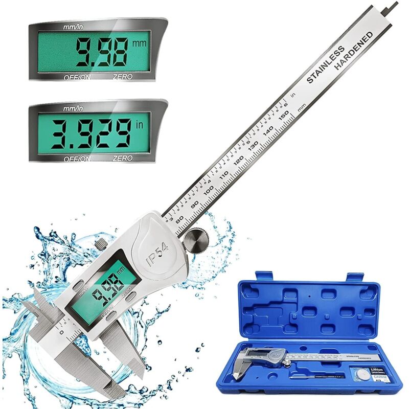 Digitaler Messschieber, 150 Mm/6'' Digitaler Messschieber Aus Edelstahl, Digitales Nonius-mikrometer-werkzeug, Ip54 Wasserdicht, Großes Lcd-display, Mm/zoll, 2 Batterien, Automatische Abschaltung, Sta