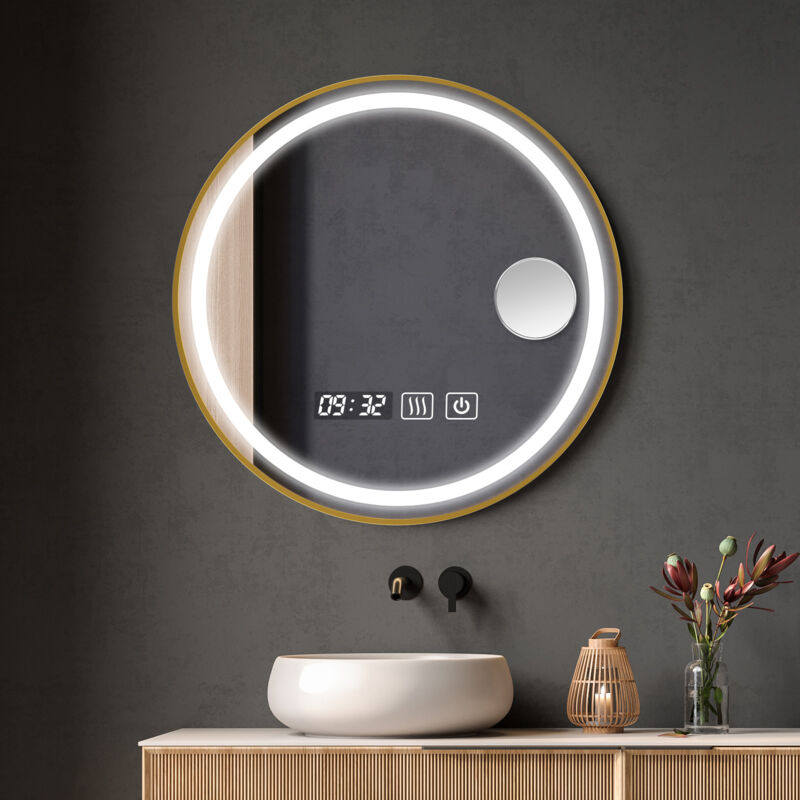 60603 Runder Led-badezimmerspiegel Mit Goldenem Rahmen, Kosmetikspiegel Mit Berührungssensor, Weißes/warmweißes Licht