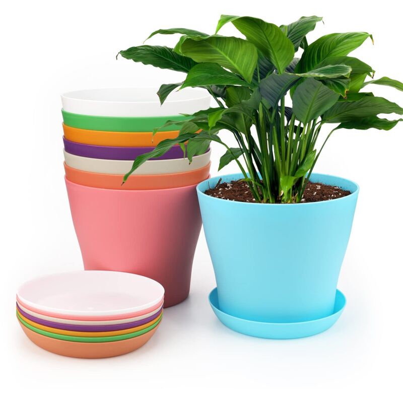 17-cm-kunststoff-pflanztöpfe, Pflanzgefäße Für Drinnen Und Draußen, Blumentöpfe Mit Untersetzern, Geeignet Für Setzlinge, Kakteen, Sukkulenten, Orchideen, Kräuter – 8 Farbenfrohe