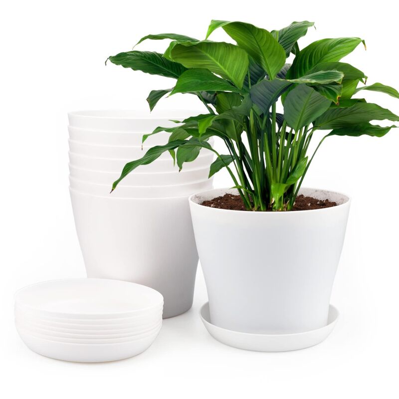 8 Stück 17 Cm Kunststoff-pflanztöpfe, Pflanzgefäße Für Drinnen Und Draußen, Blumentöpfe Mit Untersetzern, Geeignet Für Setzlinge, Kakteen, Sukkulenten, Orchideen, Kräuter – Weiß