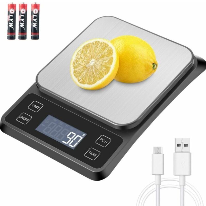 Küchenwaage Präzisionswaage, Usb-aufladbar, 10 Kg/1 G Elektronische Küchenwaage Aus Edelstahl, Flüssigkeitsmessung, Hintergrundbeleuchtetes Lcd, Automatische Abschaltung, Batterien Im Lieferumfang Ent