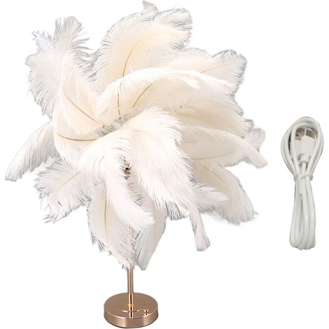 Wiederaufladbare Tischlampe Aus Straußenfedern, Moderne Romantische Dekolampe, Nachttischlampe Fürs Schlafzimmer, Weiß