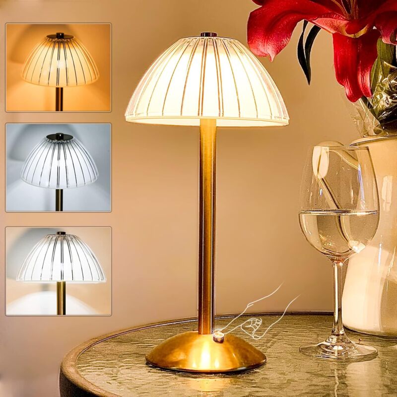 Tragbare Led-pilz-schreibtischlampe Mit Berührungssensor – 3 Lichtfarben Und Einstellbare Helligkeit, Wiederaufladbare, Kabellose Messinglampe In Goldoptik