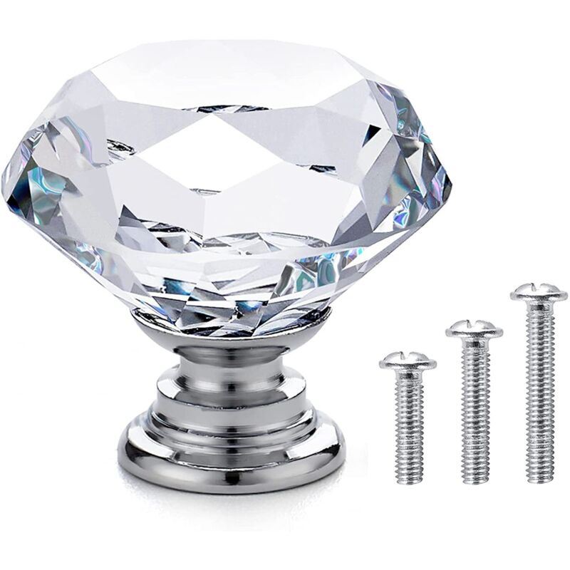 20 X Glas-möbelgriffe Und -knöpfe – Türknöpfe Für Schränke – Schubladengriffe – Klares Kristallglas Mit Diamant + Silberner Sockel – 30 X 28 Mm