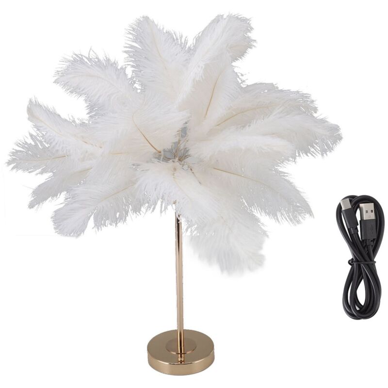 Federtischlampe Mit Touch-schalter, Usb-anschluss, Straußenfederlampe, 3-farbige, Dimmbare Schreibtischlampe Mit Goldfarbenem Metallfuß, 30 Federn