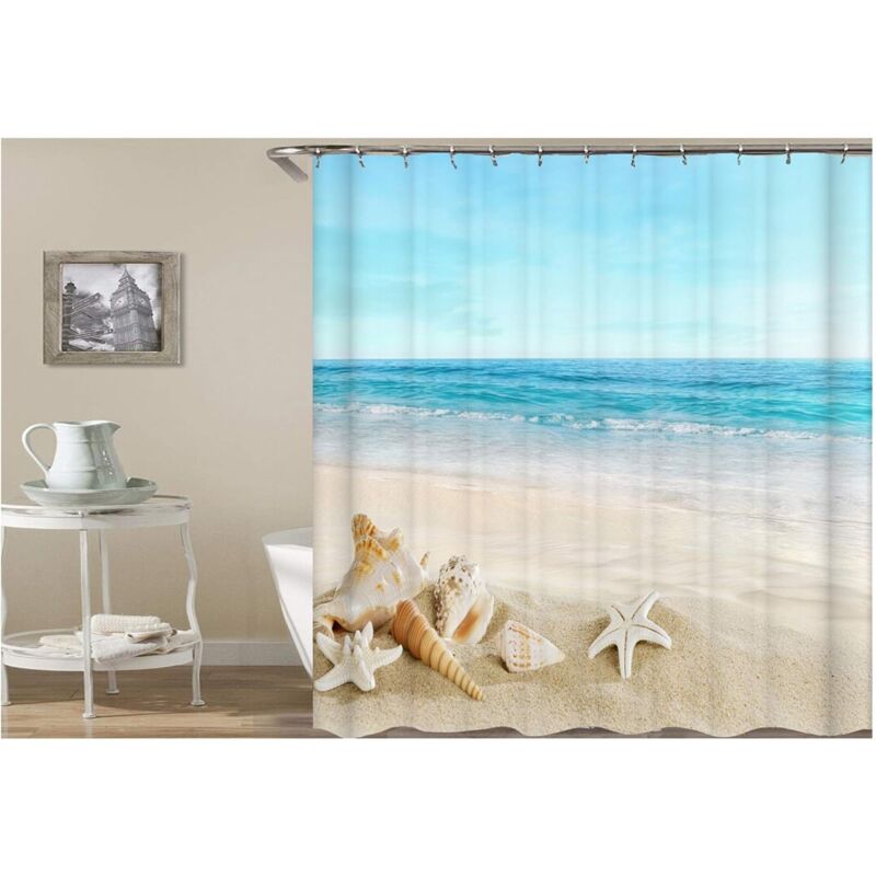 Duschvorhang Mit Meeresmotiv, Duschvorhang Aus Polyester Mit Wellen-, Meer-, Strand-, Seestern- Und Muschelmotiv, 180 X 180 Cm, Mit 12 Kunststoff-hakenringen