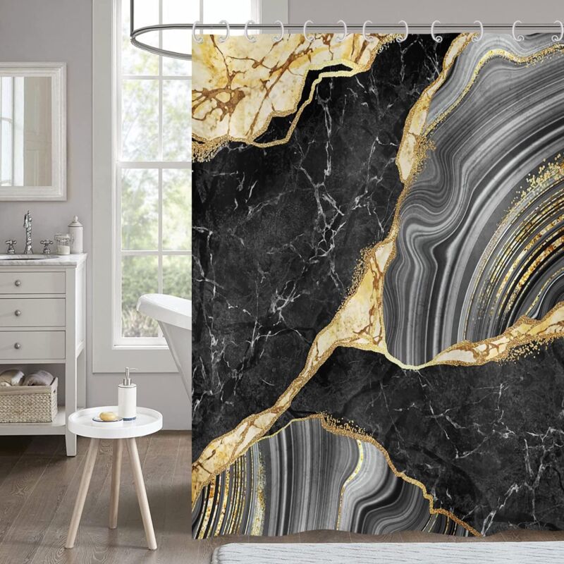 Marmor-duschvorhang 180 X 180, Schwarz-goldener Glitzer-duschvorhang Mit Abstrakter Tear-ink-textur, Moderner Luxus-kunst-badezimmervorhang Aus Wasserdichtem Polyester, Waschbar