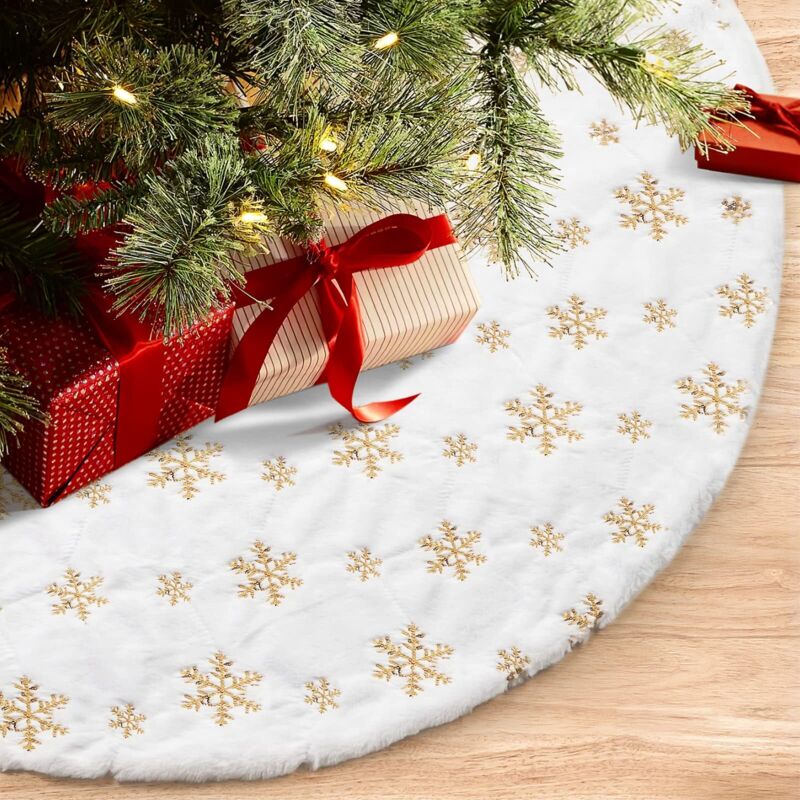 Weißer Plüsch-weihnachtsbaumrock, Festliche Weihnachtsbaumverzierung, Goldene Pailletten-schneeflocken, 48"/122 Cm