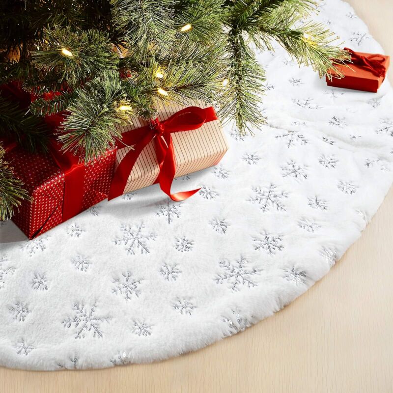 Weißer Plüsch-weihnachtsbaumrock, Weihnachtsbaum-partydekoration, Silberne Pailletten-schneeflocken, 48"/122 Cm