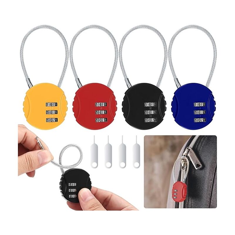 4er-set Kombinationsvorhängeschlösser, Kleine Kabelschlösser, 3-stellige, Zurücksetzbare Sicherheitsvorhängeschlösser Für Koffer, Reisetaschen Und Schließfächer, Mit 4 X Codierern