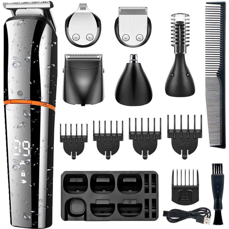 Barttrimmer Für Männer, Professioneller Kabelloser Haarschneider, Nasenhaar-pflegeset, 6-in-1-rasierer Für Männer, Wasserdicht, Über Usb Aufladbar, Mit Led-display Für Körper-, Schnurr- Und Nasenhaare