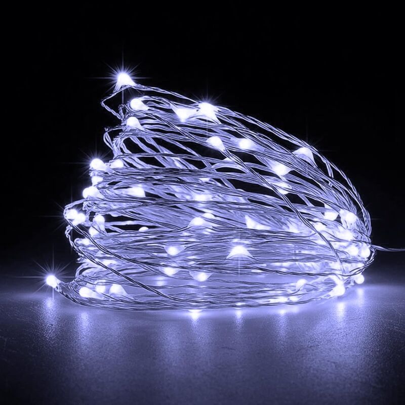 Led-lichterkette, [2er-pack] Batteriebetriebene Lichterkette Mit 5 M, 50 Leds, Kühlem Weiß, Silbernem Draht, Für Schlafzimmer, Party, Hochzeit (kaltweiß)