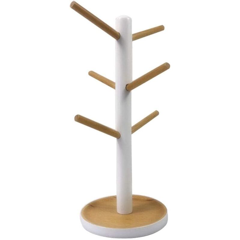 Becherhalter, Becherhalter Mit 6 Aufbewahrungshaken, Abnehmbarer Becherhalter Aus Holz Für Die Küchenorganisation, Trockengestell Für Kaffeetassen (1 Stück, Weiß)
