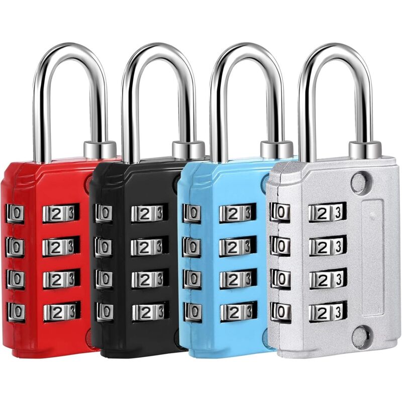 4 Stück 4-stellige Zahlenschlösser, Kleine Zahlenschlösser Aus Zinklegierung, Kofferverschlüsse (silber, Schwarz, Blau, Rot)