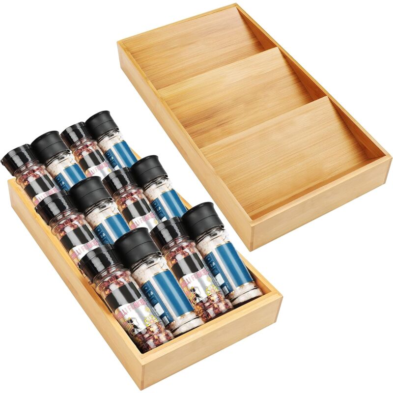 (2er-set) 2-teilige Kurtzy 3-stöckige Gewürzschublade Aus Bambusholz – Schräges Gewürzregal Für Schränke Und Schubladen – Für Salz, Gewürze, Vitamine Und Nahrungsergänzungsmittel