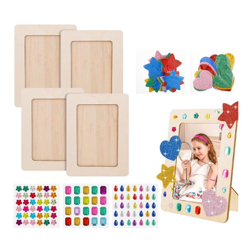 4 Stück A6-holzfotorahmen, 14 X 19 Cm Leerer Holzbildrahmen, Diy-fotorahmen Mit Rautenförmigen Aufklebern Und Goldpulver Für Kreatives Diy-malprojekt Für Kinder, Tischdisplay