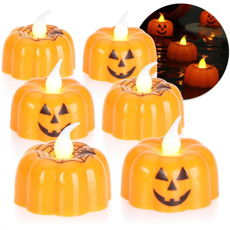 6x Halloween Led-teelichter, Funkelnde Teelichter In Kürbisform (orangefarbenes Kürbis-lichterset)