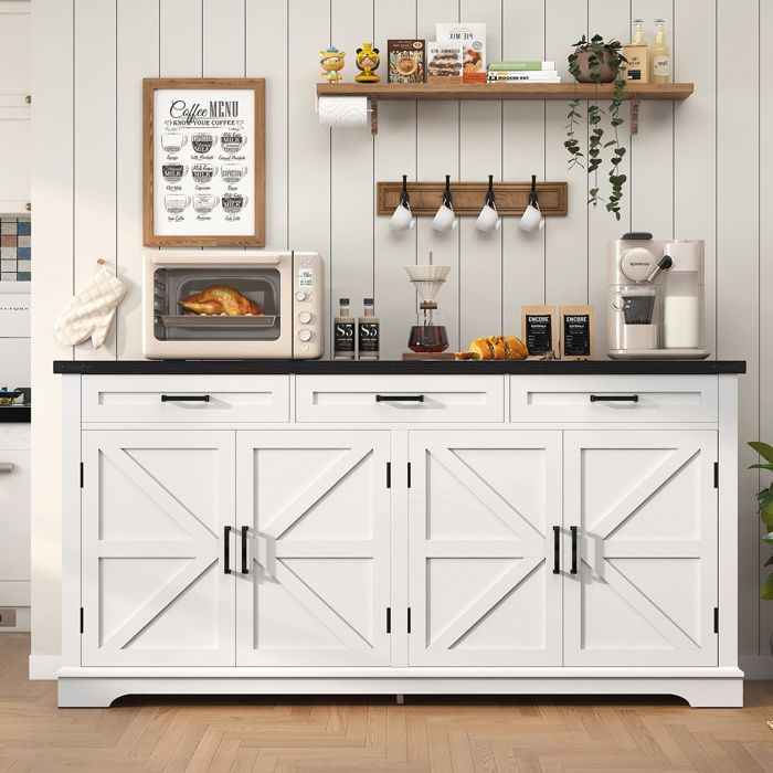 Teenfon Buffet Mit 3 Schubladen, Küchenmöbel Mit 2 Schränken, Verstellbares Regal, 155x39.5x80cm, Weiß