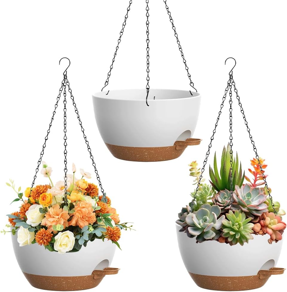 Pack Of 3 Hanging Baskets, 25 Cm Hanging Pot With Saucer And Drainage Holes, Plastic Hanging Flower Pots For Balcony, Living Room And Garden, Indoor And Outdoor, White
