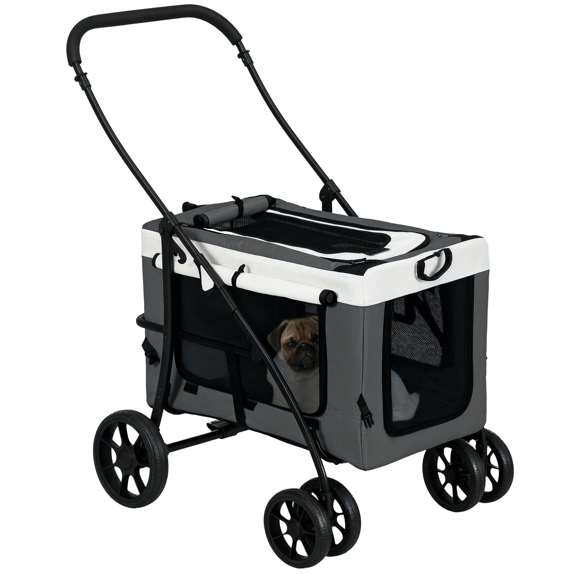 Hundbuggy Haustierbuggy Hundewagen, Klappbar, Abnehmbarer Korb, 81 X 58 X 97,5 Cm, Schwarz + Grau + Weiß