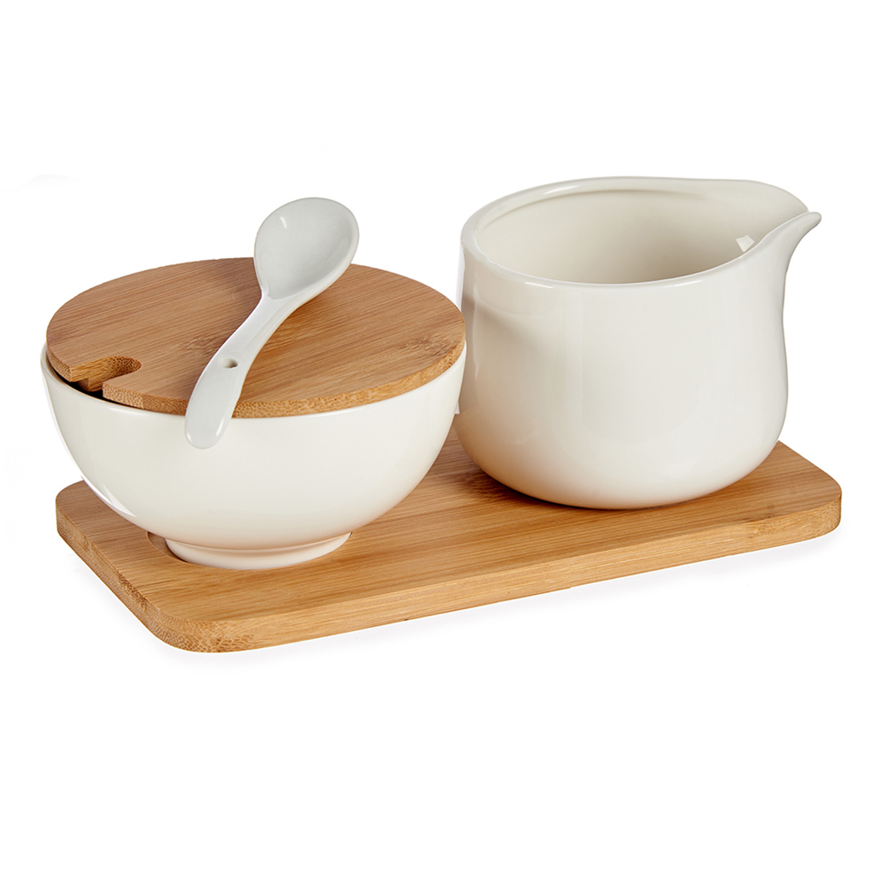 Ein Set Aus Zuckerdose Und Sahnekännchen Auf Einem Holzständer