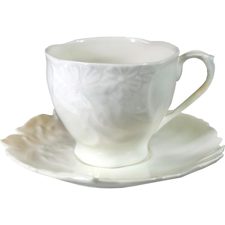 Tee- Und Kaffeeservice: Weiße, Verzierte Tasse Mit Untertasse